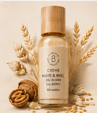Crème Main & Miel du Berry, Réconfort - flacon pompe en bambou entouré de blé et de noix
