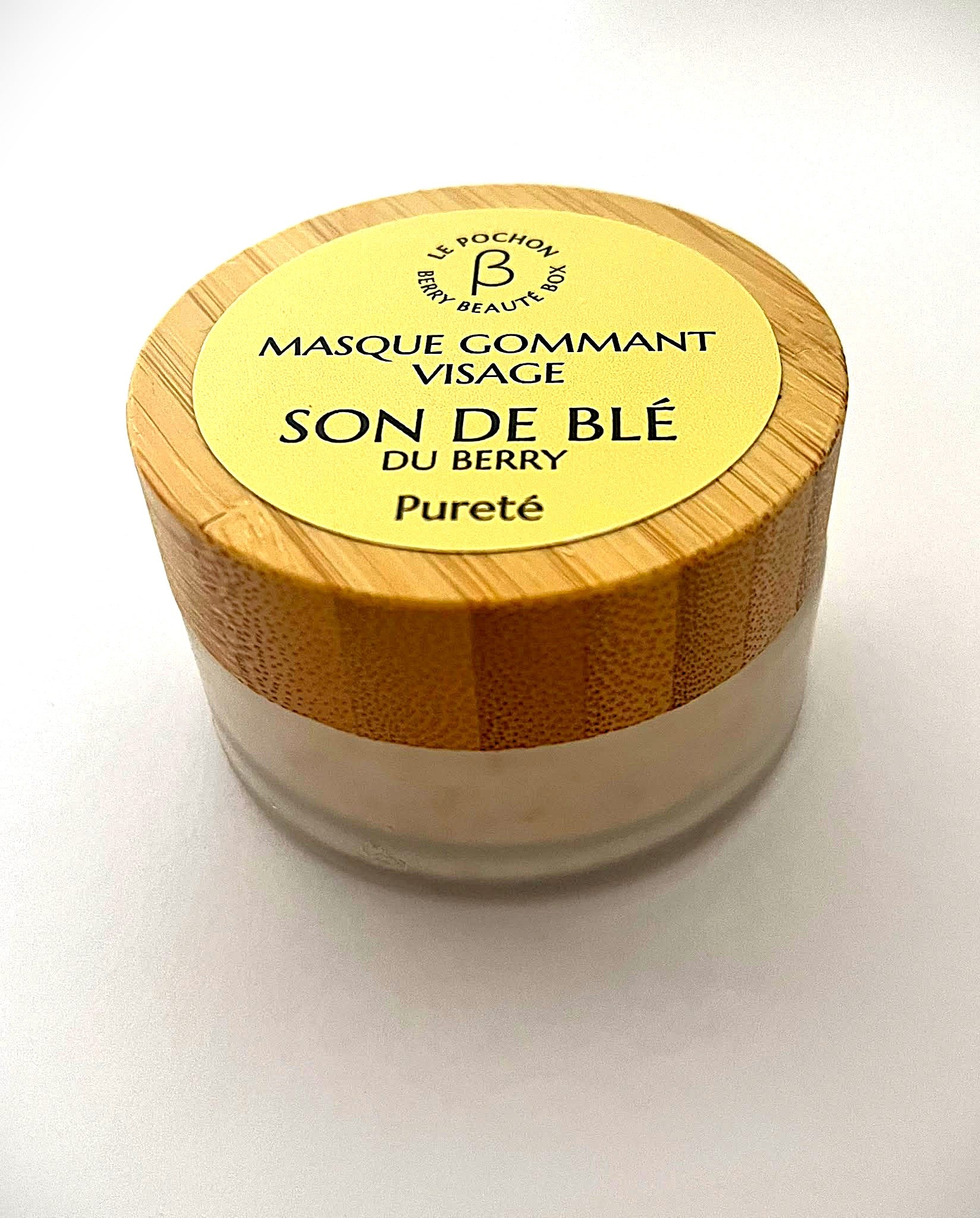 Masque Gommant Visage Son de Blé du Berry, Pureté - pot à couvercle bambou et étiquette jaune