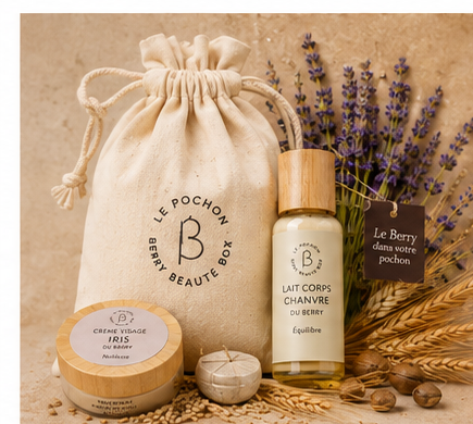Coffret Iris & Chanvre Le Pochon - pochon en toile avec Crème Visage Iris et Lait Corps Chanvre du Berry